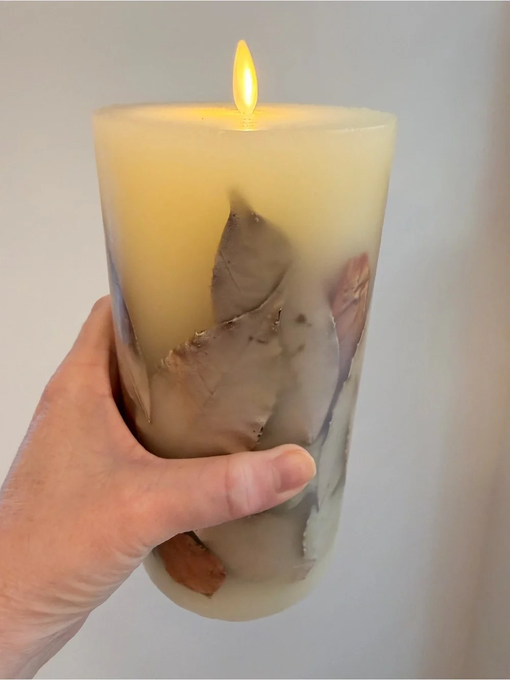 Vintage flameless Cream with Leaf accents  Pillar Candle